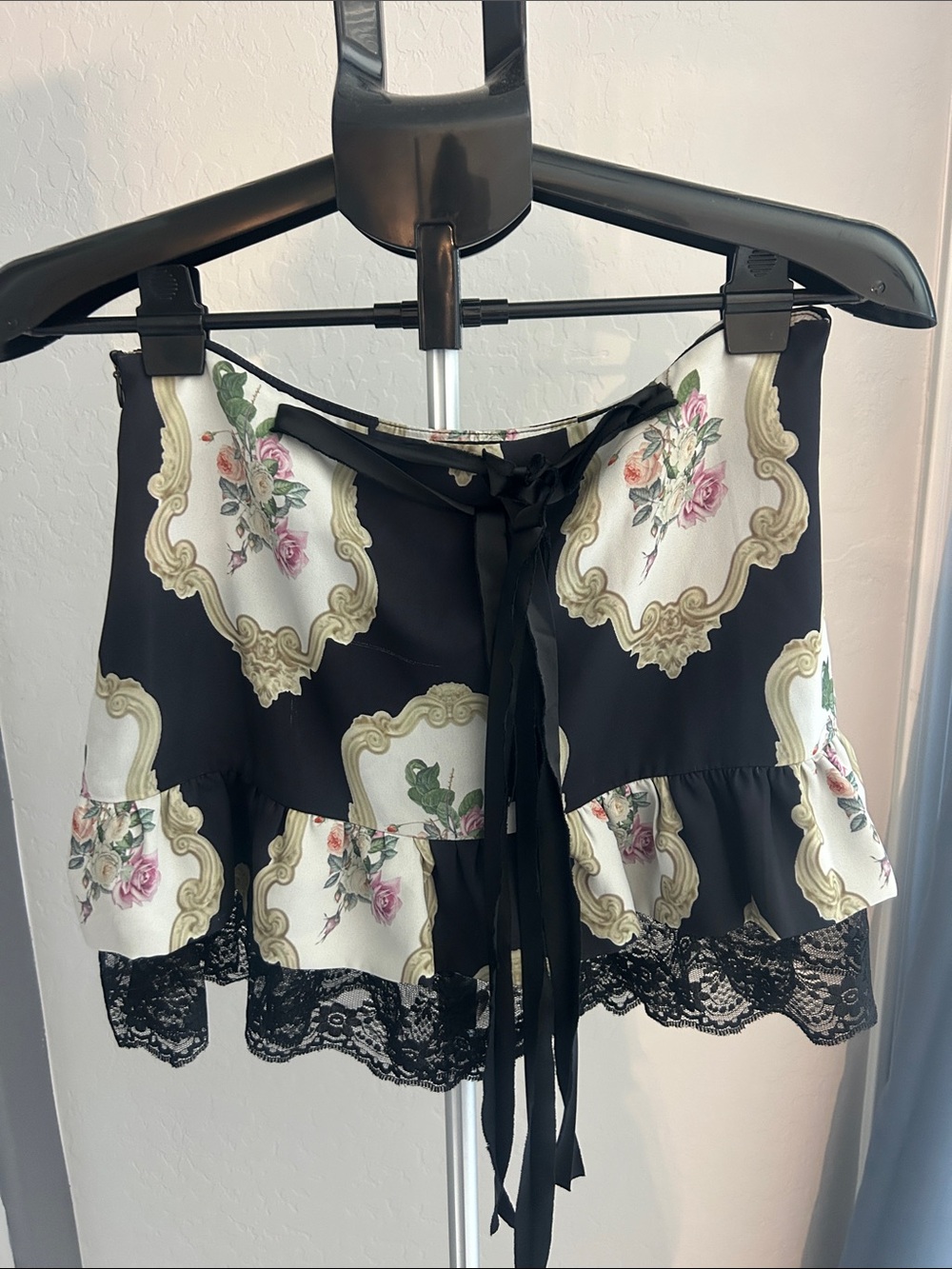 Black Floral Lace Mini Skirt with Tie Waist
